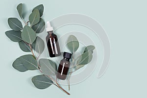 Essential oils with natural eucalyptus leaves on green background. Beauty products, facial skin care, spa beauty treatment concept