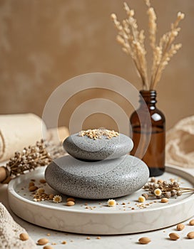 Essential Oils with Stones on Wooden Tray photo