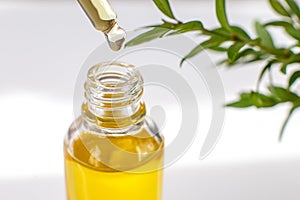 essential or organic oil in a glass pipette, over a bottle close-up