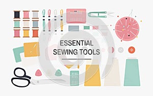 Essential sewing tools icon illustration