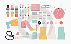 Essential sewing tools icon illustration