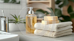 Essential spa bathroom items toiletries, soap, and towel on soft white background