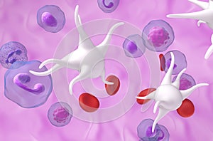 Essential thrombocythemia (ET), overproduction of platelets (thrombocytes) - closeup view 3d illustration