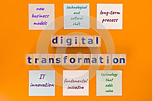 The essentials of digital transformation model. wooden cubes with the words `digital transformation`, and sticky notes