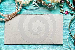 Essentials fashion woman objects on wooden turquoise background
