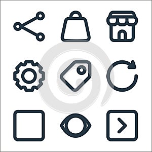 essentials ui line icons. linear set. quality vector line set such as right chevron, visible, stop button, reset, price tag,