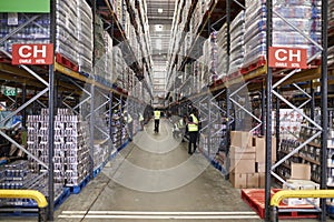 ESSEX, ENGLAND- MAR 13 2016: Stored goods in supermarket distribution warehouse, low angle