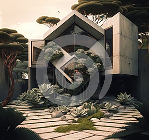 Nature-inspired fictional house designs created in high-quality generative AI photo