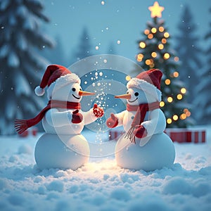 Dos muÃ±ecos de nieve celebran la magia de la Navidad bajo un Ã¡rbol iluminado photo