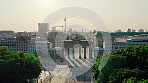 Establishing Aerial shot of Berlin Skyline with Brandenburg City Gate, Germany