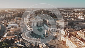 Establishing aerial shot of Vatican City. Crowded St. Peter`s Square
