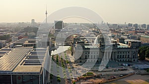 Establishing Aerial view of Berlin Cityscape with Brandenburg City Gate, Germany