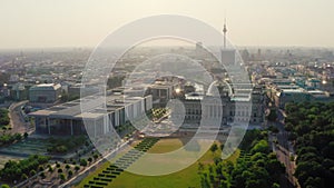 Establishing Aerial view of Berlin Skyline with Brandenburg City Gate, Germany