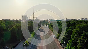 Establishing Aerial view of Berlin Skyline with Brandenburg City Gate, TV tower