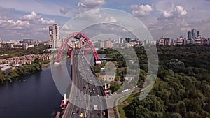Establishing shot on Moscow Zhivopisny bridge on cable-stayed. Aerial view of the Zhivopisny bridge against the backdrop