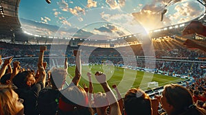 An Establishing Shot of soccer fans cheering for their team on a stadium during a soccer championship match. Teams play