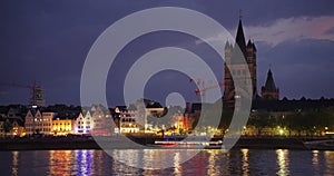 Establishing shot urban view. City skyline sunset at Cologne Cathedral with Rhine River and Hohenzollern Bridge