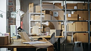 Establishing Shot of a Warehouse Worker at Work in Internet Shop's Storeroom. Small Business