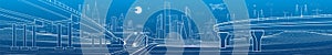 Urban large panorama. Modern city skyline outline illustration. Train rides on bridge. Illumination highway. Car overpass. Town in