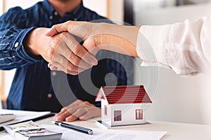 Estate agent giving house keys customer sign agreement property for sale, Buying and selling homes concept