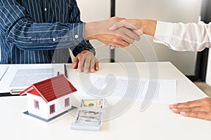 Estate agent giving house keys customer sign agreement property for sale, Buying and selling homes concept