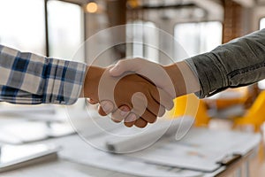 Estate agent shaking hands with buyer after signing the house contract. Generative ai