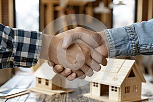 Estate agent shaking hands with buyer after signing the house contract. Generative ai