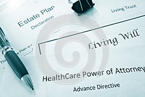 Estate planning documents :  Healthcare Power of Attorney, Living Trust, Living Will photo