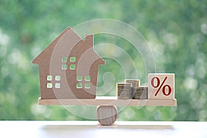 Estate tax,Model house with Percentage symbol icon on green background,Business investment and Property tax concept