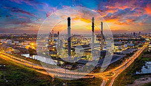 Estates industrial factories oil refineries with sunset and twilight views, generative AI