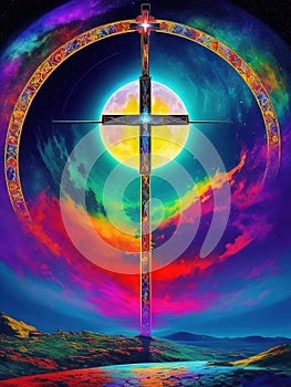 Social media happy easter for Christianity in Portuguese crucifix Colourful electric lightning Vector style photo