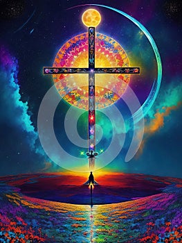 Social media happy easter for Christianity in Portuguese crucifix Colourful electric lightning Vector style photo