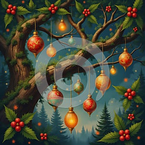 La magia de la Navidad se ilumina con estos adornos colgantes en el bosque. photo