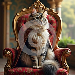 Un majestuoso gato con corona y capa real sentado en un trono dorado y rojo photo