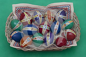 Ester eggs with decoration in basket