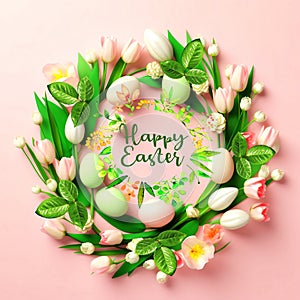 Ester eggs and flowers in circle shape on pastel colorful background greetings card concept