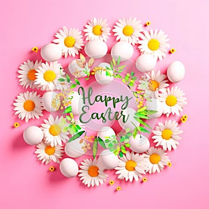 Ester eggs and flowers in circle shape on pastel colorful background greetings card concept