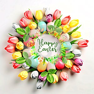 Ester eggs and flowers in circle shape on pastel colorful background greetings card concept