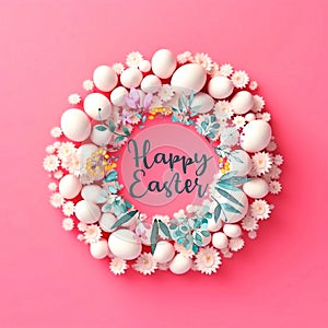 Ester eggs and flowers in circle shape on pastel colorful background greetings card concept