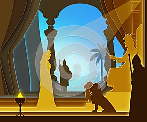 Esther appears unsummoned before King Ahasuerus. Paper art. Abstract, illustration, minimalism. Digital Art. Bible story.