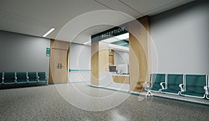 Esthetic and clean modern hospital reception and corridor, private clinic or vet waiting room with empty posters and walls.