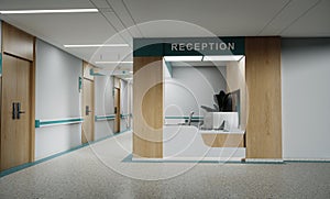 Esthetic and clean modern hospital reception and corridor, private clinic or vet waiting room with empty posters and walls.