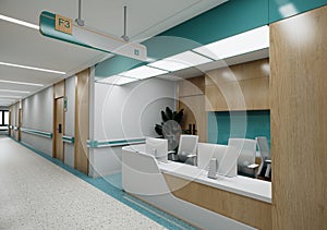 Esthetic and clean modern hospital reception and corridor, private clinic or vet waiting room with empty posters and walls.