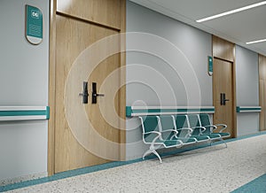 Esthetic and clean modern hospital reception and corridor, private clinic or vet waiting room with empty posters and walls.