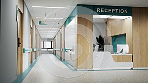 Esthetic and clean modern hospital reception and corridor, private clinic or vet waiting room with empty posters and walls.