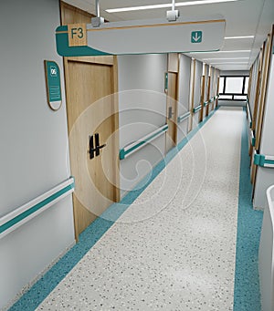 Esthetic and clean modern hospital reception and corridor, private clinic or vet waiting room with empty posters and walls.