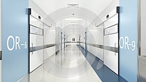 Esthetic and clean modern hospital surgery block corridor, private clinic or vet operating room with sliding doors