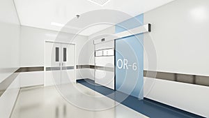 Esthetic and clean modern hospital surgery block corridor, private clinic or vet operating room with sliding doors