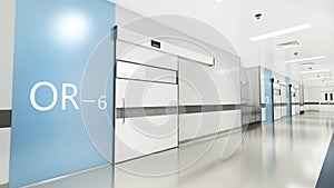 Esthetic and clean modern hospital surgery block corridor, private clinic or vet operating room with sliding doors