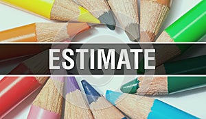 Estimate concept banner with texture from colorful items of education, science objects and 1 september School supplies. estimate